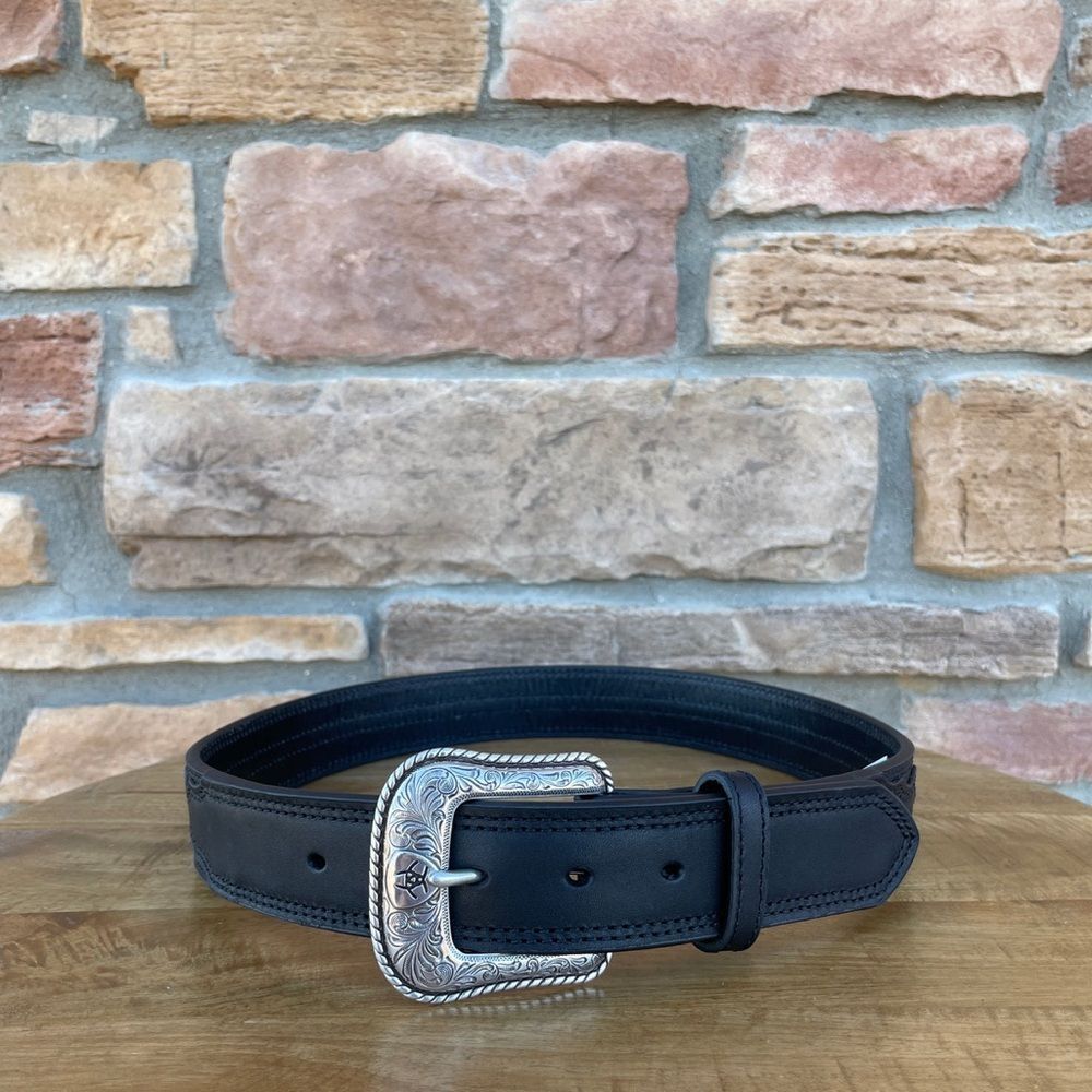Ariat Black Leather Silver Buckle Western Southwestern Cowboy Casual Belt 44 - Picture 3 of 13